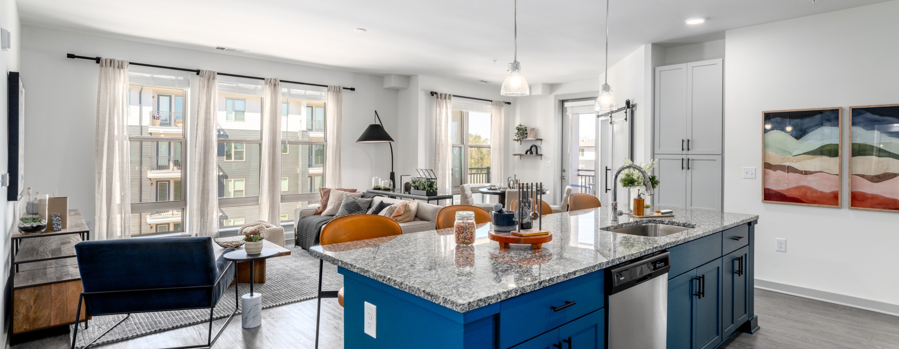 Kitchen Island and oversized windows